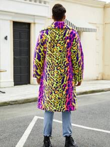 Abrigo largo con capucha suave y estampado de leopardo colorido para hombre - Mostaza Amarilla - Ver 2