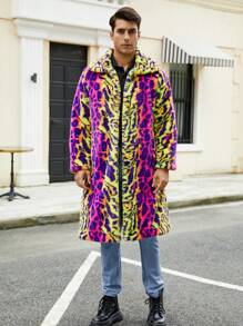 Abrigo largo con capucha suave y estampado de leopardo colorido para hombre - Mostaza Amarilla - Ver 5