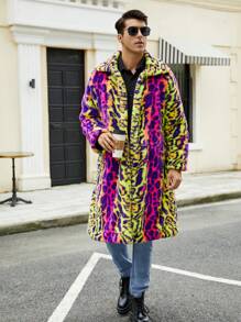 Abrigo largo con capucha suave y estampado de leopardo colorido para hombre - Mostaza Amarilla - Ver 3