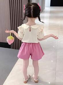 Bộ 2 món/Bộ đồ liền thân thêu hình trái tim cổ bèo nhún cho bé gái tay ngắn và váy xòe, mùa hè - Màu be - Xem 2