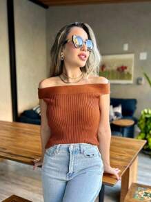 SUMMER OFF-THE-SHOULDER TANK TOP KNITTED MODAL NEW COLLECTION - Rust Brown - View 4