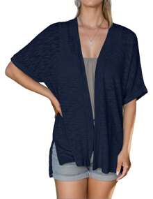 Womens Lightweight Cardigan Short Sleeve Open Front Casual Loose Cover Ups - Navy Blue - View 6