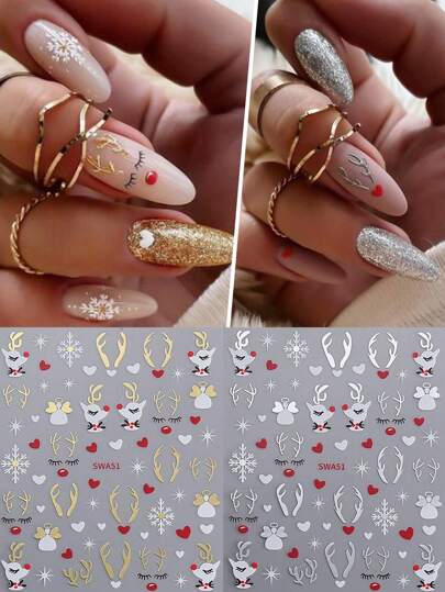 2 PCS Christmas Nail Sticker Gold Silver Simple Deer Antlers For Xmas Winter New Year Nails Art Decoration Cute Elk Heart Snowflake DIY Self Adhesive Decals Manicure Nail Design