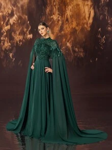 YISIKADO 女士正式宴会晚礼服，高端优雅亮片流苏雪纺斗篷袖派对礼服，长袖舞会礼服，适合婚礼嘉宾、毕业典礼、晚宴