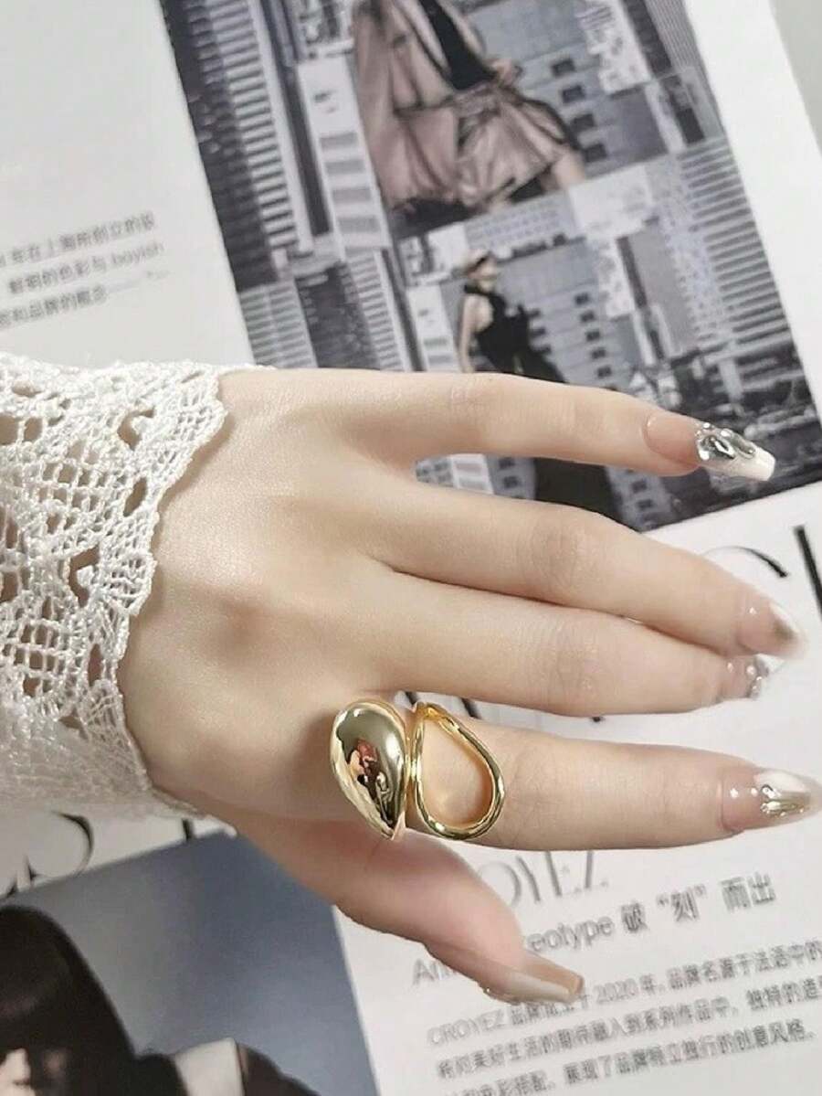 Anel 1 Gota 1 Formato Abstrato Liso Alta Fusão Regulável Banhado a Ouro 18K Prata 925 - Dourado - Visão 1
