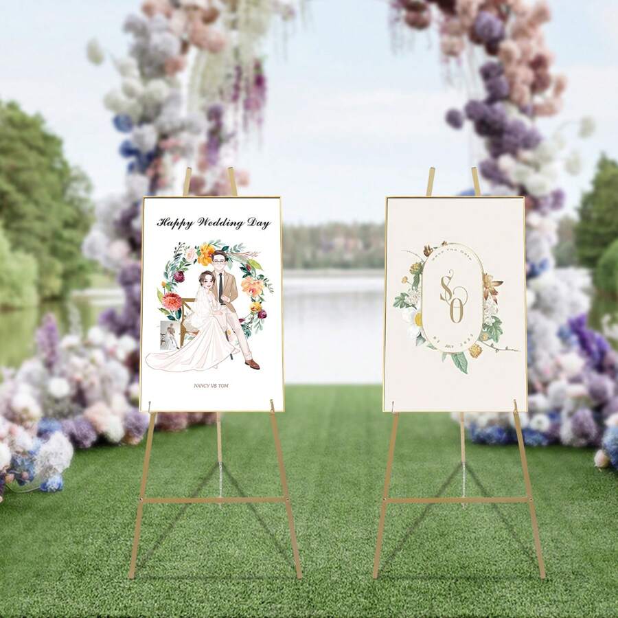 CNCEST 2PCS 50 * 118cm Gold Wedding Welcome Display Easel, Iron Easel Photo Poster Display Easel Large Wedding Easel Tripod Art Stand Portable Floor Stand Height Adjustable - 金色 - 查看 1