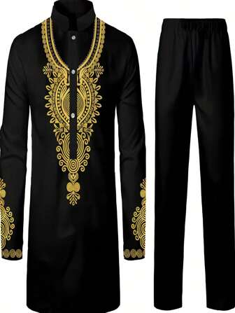 Completo Tradizionale Uomo Con Top A Maniche Lunghe Con Grafica Stampata E Colletto Alto, E Pantaloni Lunghi