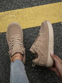 (Runs Small) Women's Casual Patchwork Comfortable Khaki Flat Sneakers, Stylish Business Front Lace-Up Couple Skateboard Shoes