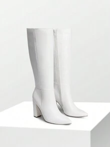 Women's Chunky Heel Pointed Toe Knee High Boots Side Zipper  Tall Boots For Women Fashionable Solid Color Long Boots - 白色-PU - 查看 5