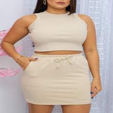 Perla Set: High-Waisted Skirt With Pockets + Cropped Top - Elegance, Fashion And Versatility - 卡其色 - 查看 3