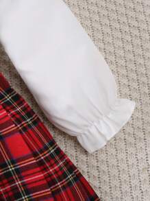 Baby Girl Plaid Patchwork Ruffle Trim Stand Collar Long Sleeve Cute Casual Dress, Spring Autumn - White - View 5