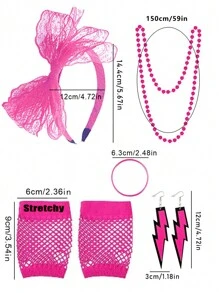 Forever & Moment 3/5/12 件女士 1980 年代霓虹服装配饰套装蝴蝶结头带闪电吊坠耳环串珠项链无指渔网手套手链万圣节装饰礼物万圣节派对礼物 - 多色 - 查看 4