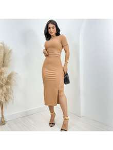 Women's Ribbed Midi Knit Set With Slit - Màu be - Xem 1