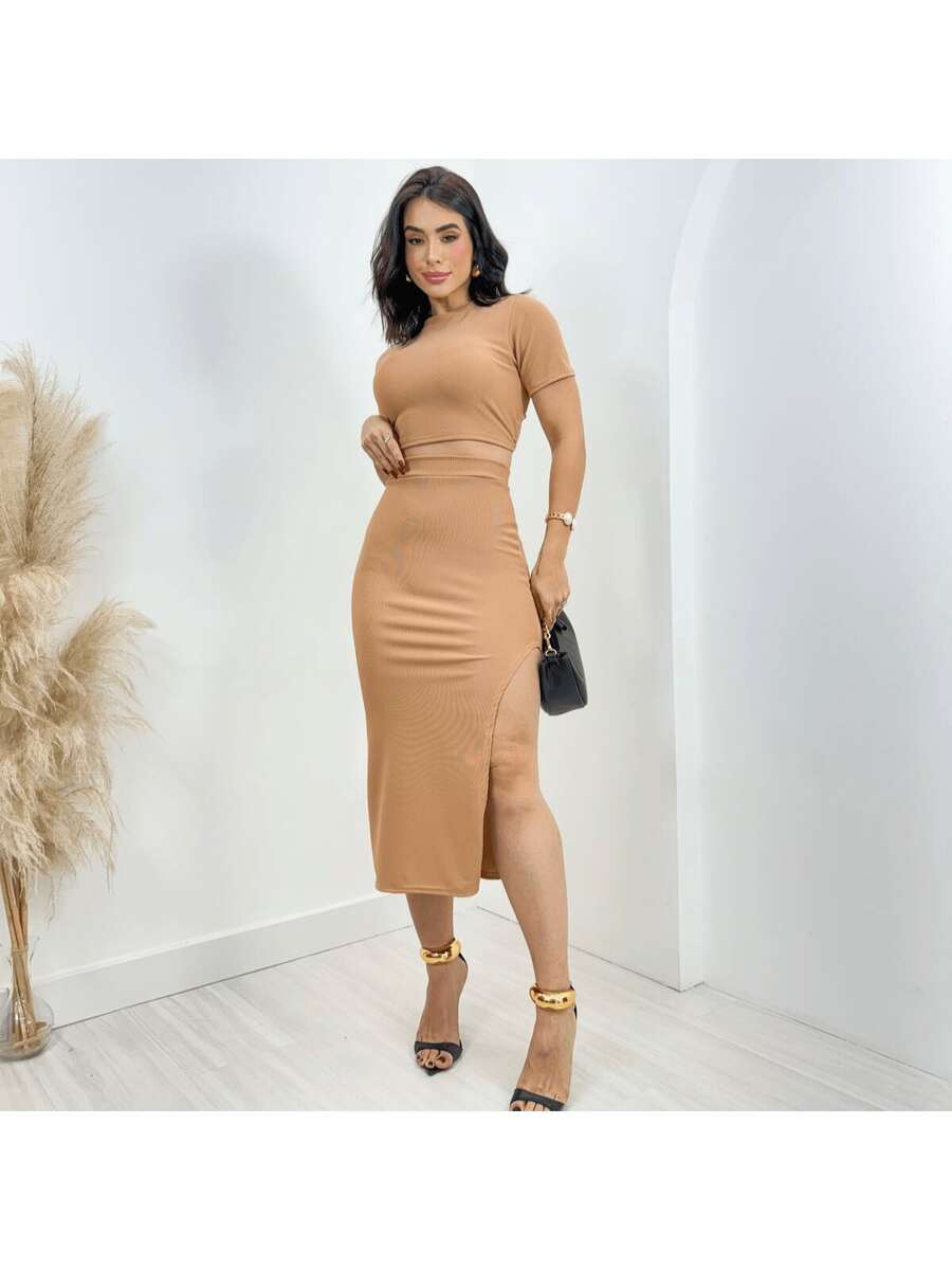 Women's Ribbed Midi Knit Set With Slit - Màu be - Xem 1