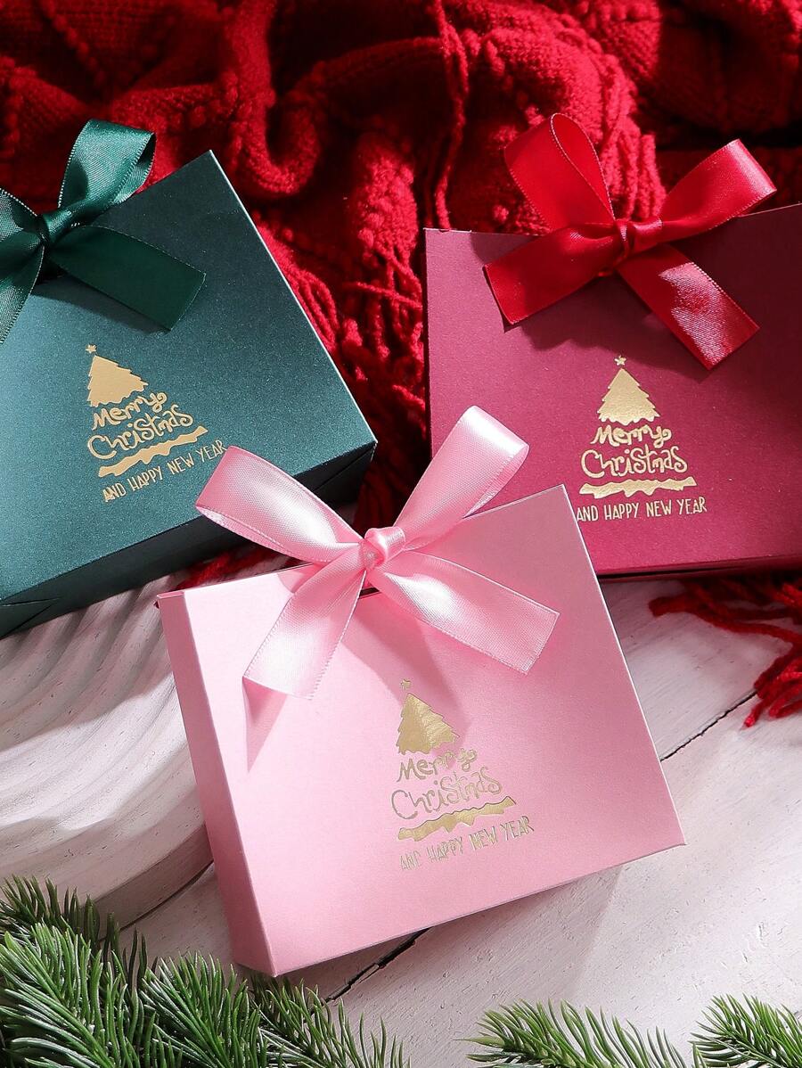 10 Stück exquisite Mini-Geschenktüten/-boxen mit Schleifen und Weihnachtsbaum-Mustern, geeignet zum Verpacken von Weihnachtssüßigkeiten, Hochzeitsgeschenken, Partybevorzugungen und kleinen Geschenken - mehrfarbig - Übersicht 1