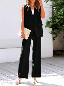 Women's Two-Piece Suit Sleeveless Blazer Vest And Wide-Leg Pants Business Casual Sports Suit - 黑色 - 查看 1