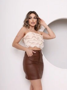 Women's Leather Skirt LS258 - Maroon - View 3