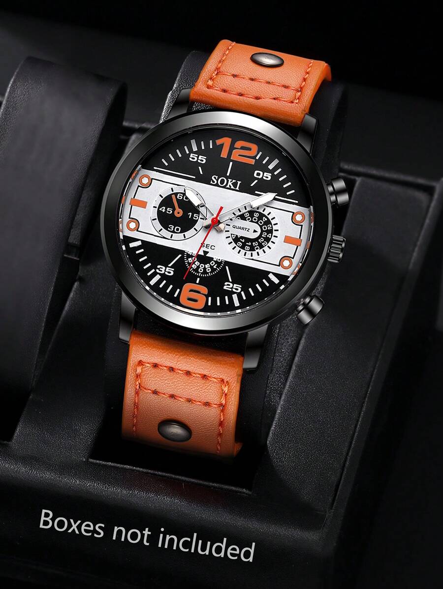 SOKI SOKI 男士手表，休闲真皮表带，数字日期显示，石英腕表，时尚男士手表，简约运动风格，适合日常佩戴，生日礼物，派对，节日聚会，送给自己或朋友的理想礼物。不含包装盒。 - 橘色 - 查看 1