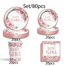20pcs/Set Floral Theme Disposable Party Tableware Set For Baby Girls, Includes Paper Plates, Paper Cups, Napkins, Suitable For Baby Shower Party - Multicolor - View 8