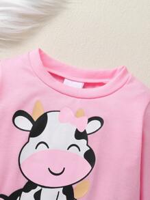 2 件套柔软透气可爱女婴奶牛印花运动衫和裤子 - 彩色 - 查看 5