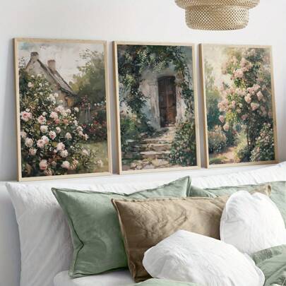 3 件/套乡村风格玫瑰园复古绘画，中性墙面艺术极简主义印刷品，复古艺术墙面装饰，自然墙面艺术印刷品，无框帆布海报，理想礼物，现代墙面艺术印刷品，适用于客厅、书房、卧室、走廊