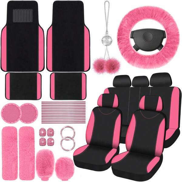 47 Car Seat Cover Full Set Car Seat Covers For Car Front Rear Seat Cover Fluffy Steering Wheel Cover Seat Belt Automotive Floor Mats Car Air Conditioner Decoration Strip Car Accessories Women