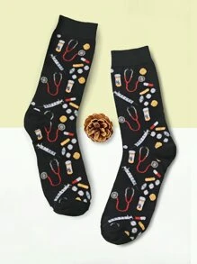 1 Pair Creative Pill & Syringe Abstract Pattern Comfortable Breathable Men's Crew Socks - Black - View 1