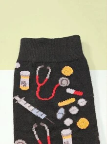 1 Pair Creative Pill & Syringe Abstract Pattern Comfortable Breathable Men's Crew Socks - Black - View 6