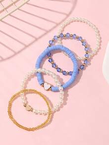 5pcs/Set Girls Heart Soft Clay Pearl Beaded Bracelet Set Suitable For Daily Decoration - 5PCS - View 11