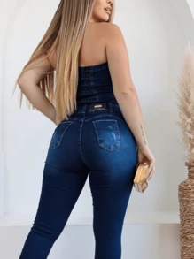 Women's Strapless Denim Jumpsuit With Elastane - Botones metálicos azul oscuro. - Ver 6