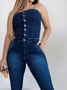 Women's Strapless Denim Jumpsuit With Elastane - Botones metálicos azul oscuro. - Ver 3