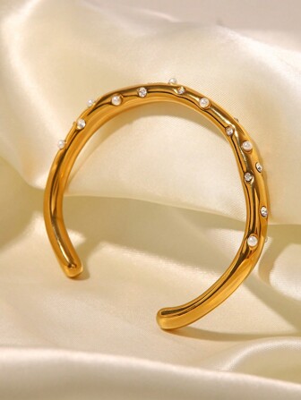 1pc Retro INS 2024 New Stainless Steel Gold Pearl Zirconia Bracelet, Suitable For Women, Everyday Wear, Jewelry Gift, USA