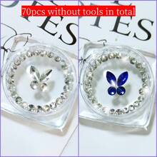 70 piezas Kit de joyería de dientes con piedras de imitación autoadhesivas: gemas de mariposa para dientes, piedras de imitación de fondo plano, diamantes redondos, decoración brillante para dientes, fácil de colocar y quitar, accesorios de cristal, gótica Y2K para Halloween, incluye herramienta y pegamento