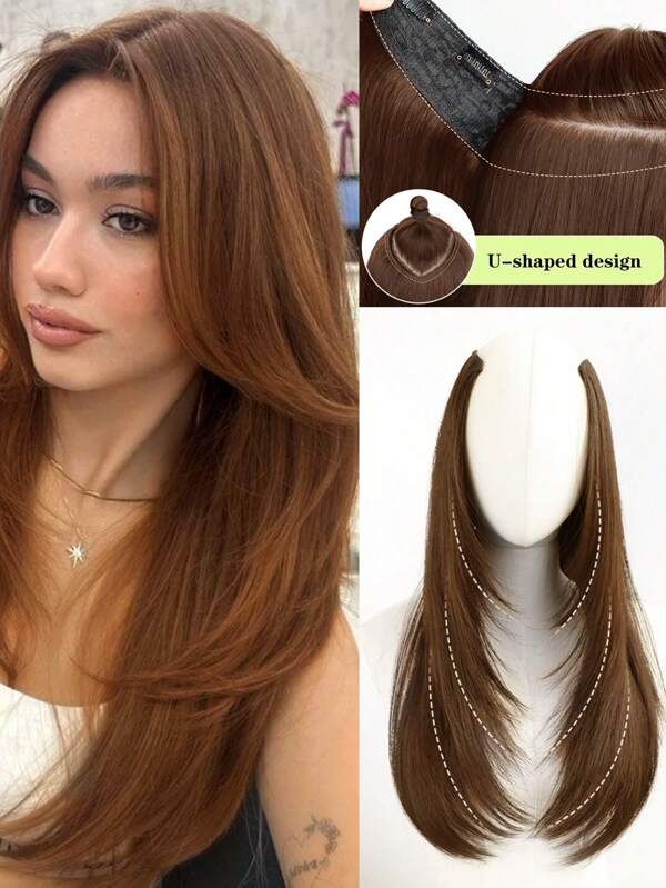 Extensiones de cabello sintéticas de una pieza con 4 clips, en forma de V, largas y rectas, para fiestas diarias, color marrón claro