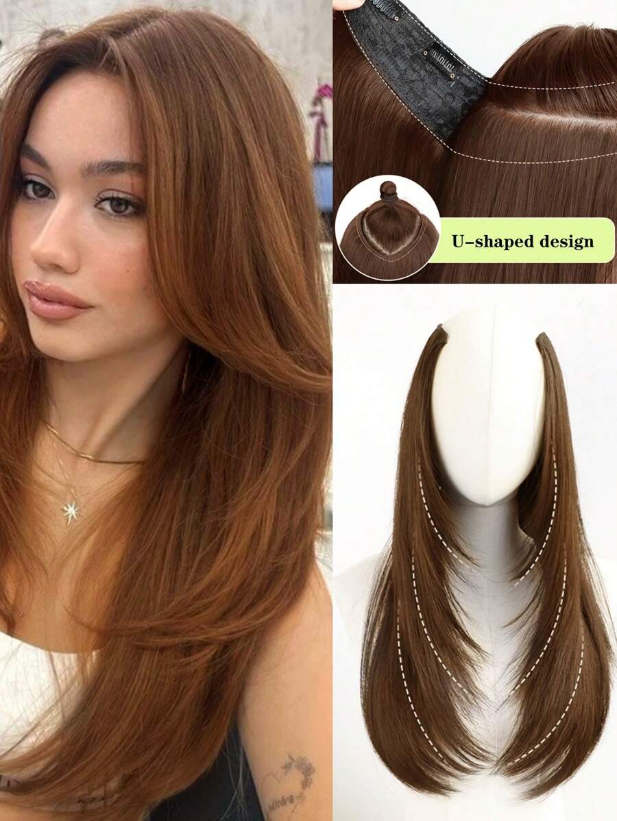 Tóc giả nối dài nhiều lớp 4 kẹp một mảnh cho nữ, tóc giả dài thẳng hình chữ V tổng hợp, dùng để trang trí tiệc hàng ngày, màu nâu nhạt - Light Brown - Xem 1