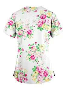 彩色花卉印花 V 领短袖护士制服手术服上衣 - 彩色 - 查看 2