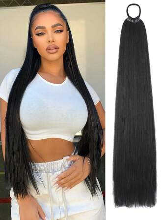 26 Inch/34 Inch Ponytail Extensions, Versatile Elastic Band Black Brown Ponytail Heat Resistant Extension For Women, Long Straight DIY Wrap Around Ponytail Soft Natural Synthetic Pony Tails For Christmas New Year Carnival Music Festival