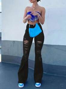 Ripped Slim Fit Straight Leg Wash Denim Jeans Flared Pants, Street Style Zipper Button Closure Jeans, Women's Jeans And Clothing - 黑色 - 查看 4