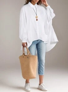Long Sleeve Shirt Women Casual Autumn Winter White Batwing Sleeve Button Front Top