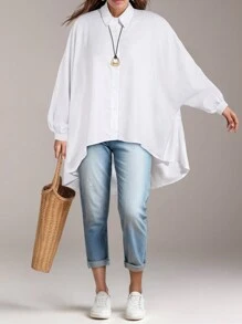 Long Sleeve Shirt Women Casual Autumn Winter White Batwing Sleeve Button Front Top