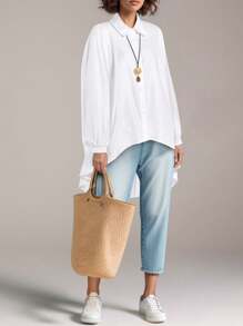 Long Sleeve Shirt Women Casual Autumn Winter White Batwing Sleeve Button Front Top