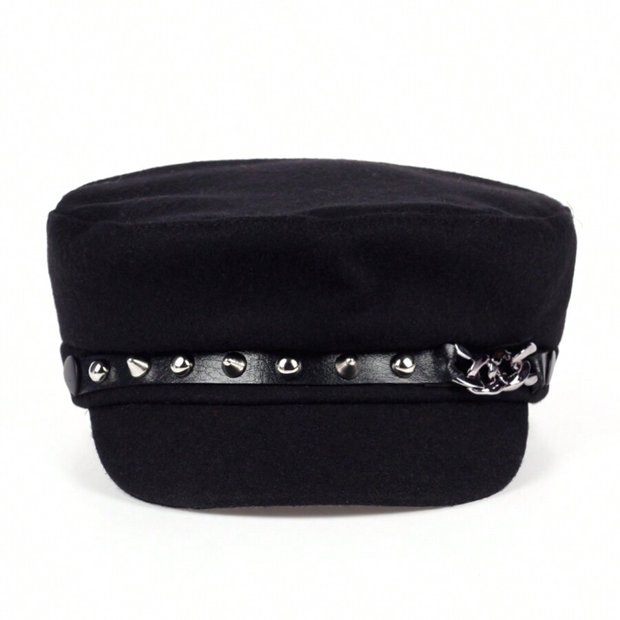 1pc Women Rivet Chain Sailor Cap Beret Hat, Street Chic Casual Flat Top Hat For Outdoor Travel