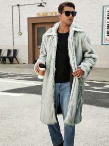 Men's Fluffy Collar Long Coat Jacket, Autumn/Winter - White - View 3