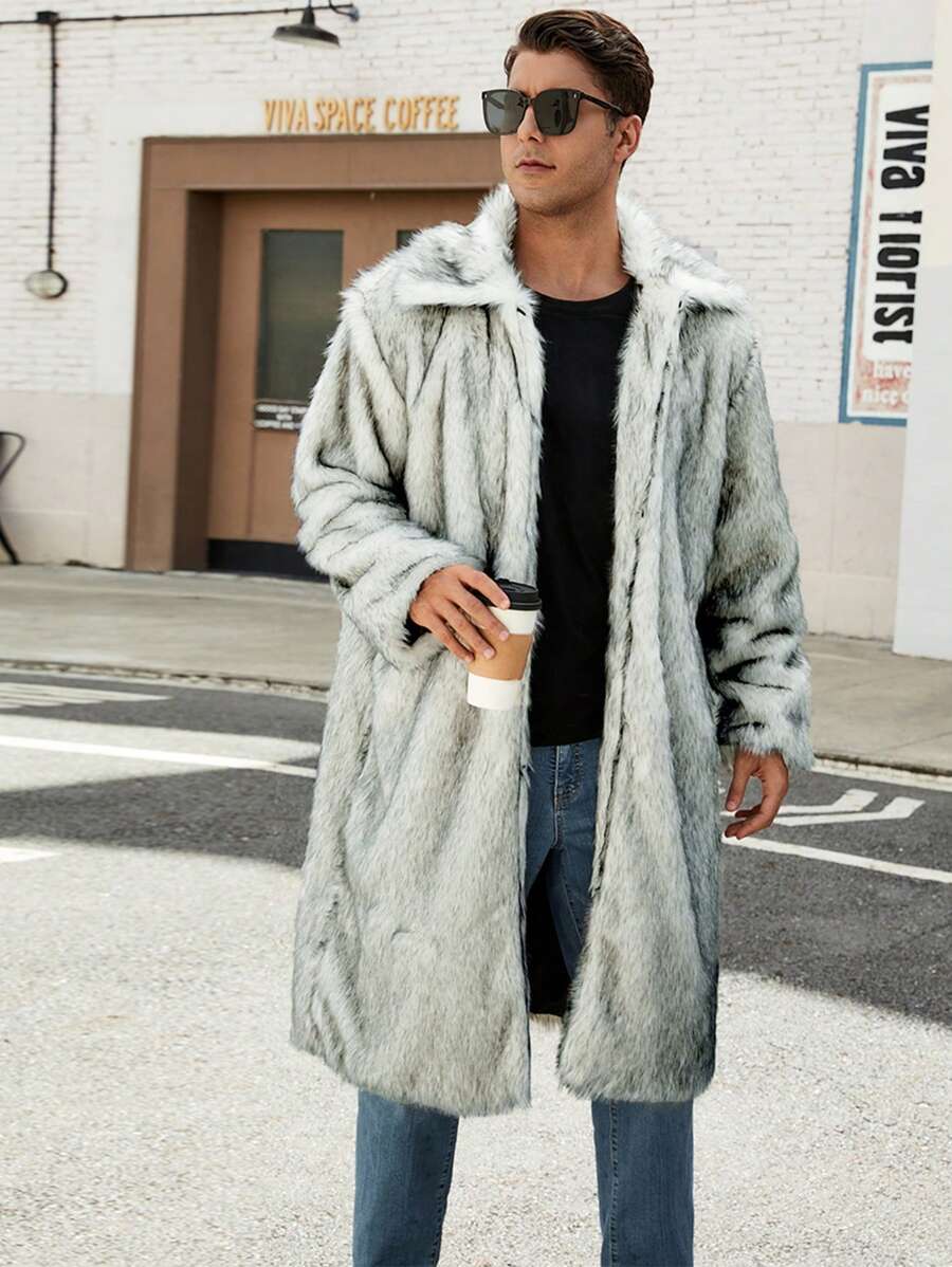 Men's Fluffy Collar Long Coat Jacket, Autumn/Winter - White - View 1