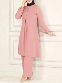 Women's Casual Solid Color Round Neck Top With Loose Fitting Pants, Elegant Two Pieces Set Spring Pink - Pink - View 3