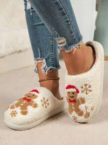 Pantufas Casuais Internas Fechadas, Macias e Quentes, com Bordado de Boneco de Gengibre e Floco de Neve de Natal Femininas, Outono/Inverno