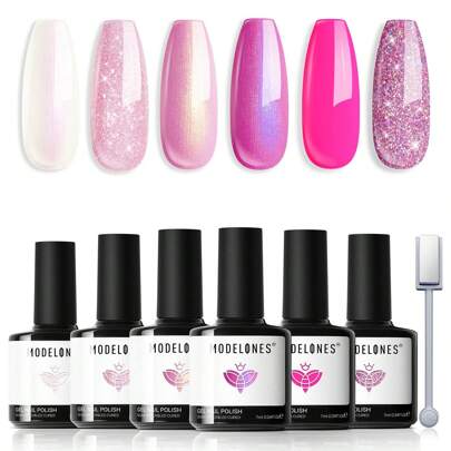 MODELONES Modelones UV Nagellack,Gel Nagellack UV 6 Farben, UV Nagellack Set Weiß Rosa Glitzer Serie Shellac Nagellack für Sommer Soak Off Nail Polish French Manicure DIY zu Hause Geschenke, 7 ml