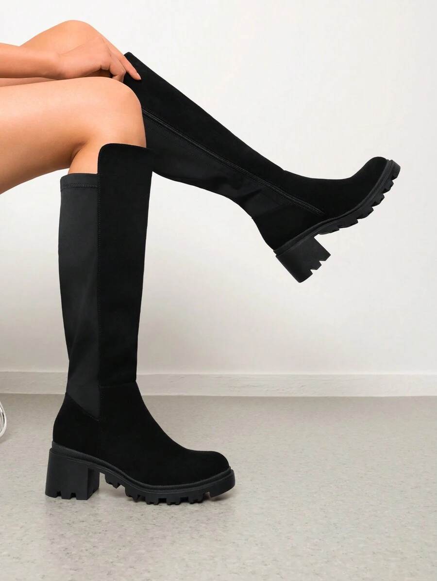 Women's Knee High Boots, Comfortable Platform Round Toe Stretch Boots For Women - DA LỘN MÀU ĐEN - Xem 1