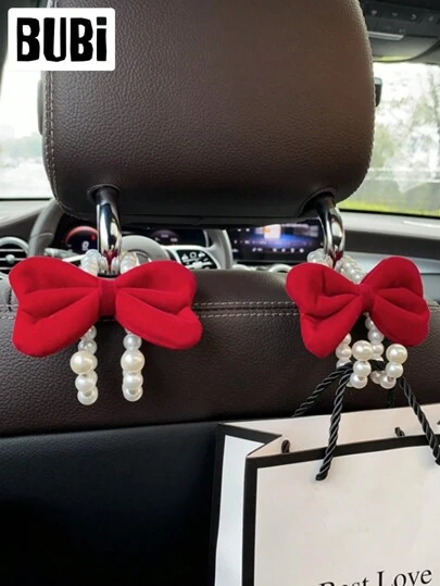 珍珠蝴蝶结汽车座椅靠背挂钩 女士可爱汽车头枕挂钩 多功能收纳架 车载衣架 汽车内饰配件