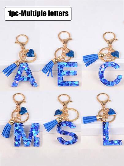 1个A-Y字母钥匙扣，蓝色爱心树脂钥匙圈，可挂在包包、背包、汽车上，是送给女性和女孩的礼物，也适合作为情人节礼物。